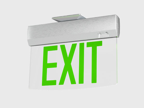 A sleek, architectural exit sign with green lettering