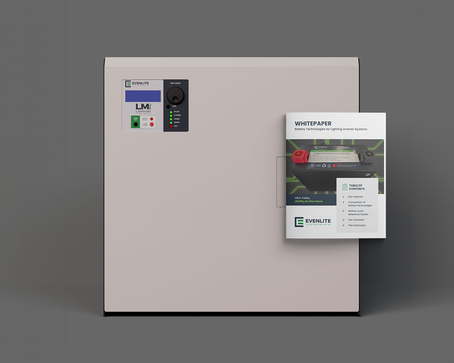 Advanced Battery Architecture A photo of an Evenlite LMi inverter paired with an inverter battery white paper document